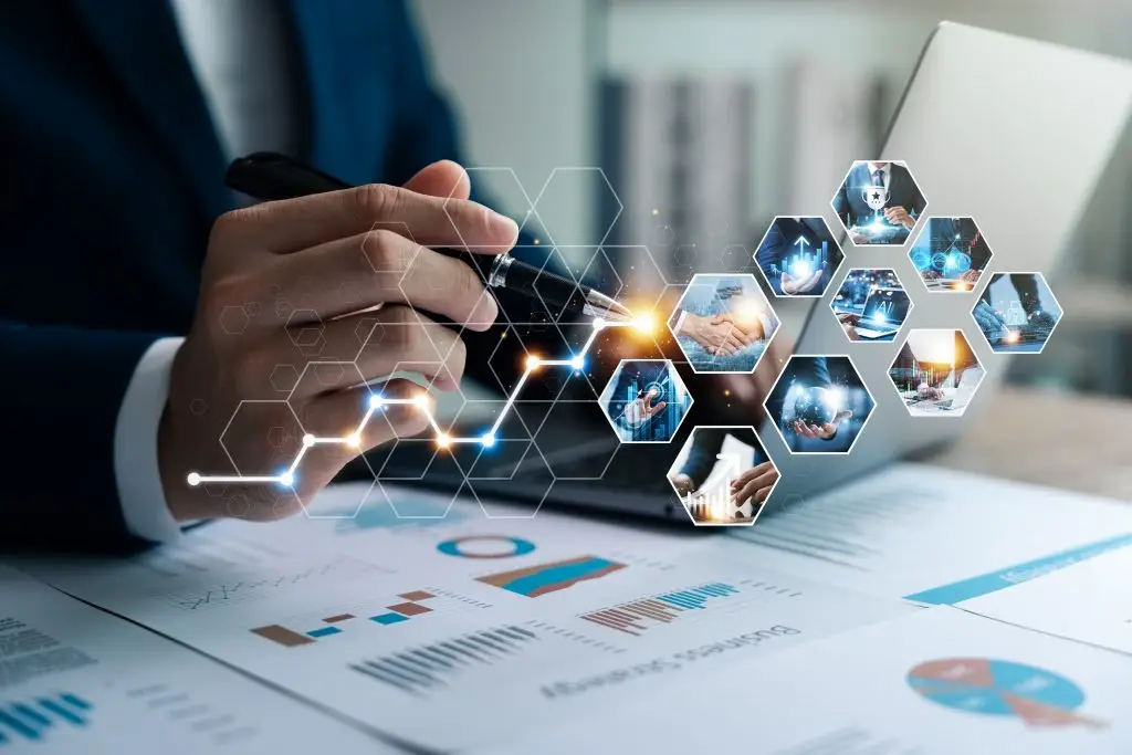 Digitale Business-Analyse mit Technologie-Icons und Datenvisualisierung, IAB-Lösungen