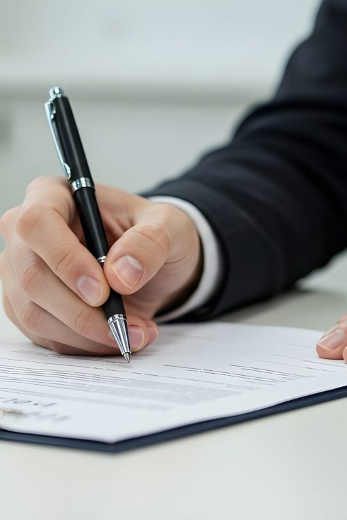 Recorte de una persona con bolígrafo firmando un contrato en un escritorio a la luz del día.